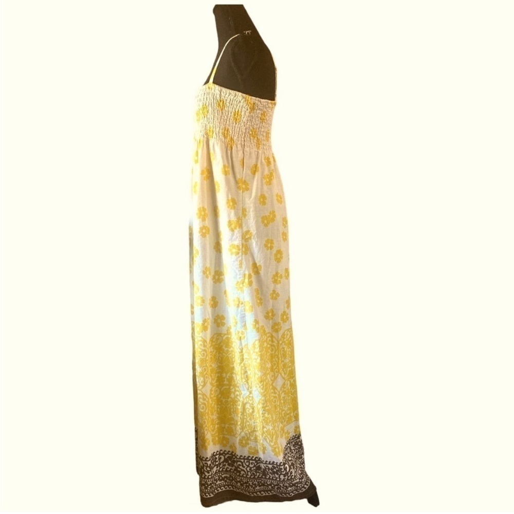 Vintage Roxy Maxi Sundress Yellow White Brown Floral Smocked Cotton Size Small - Picture 3 of 5